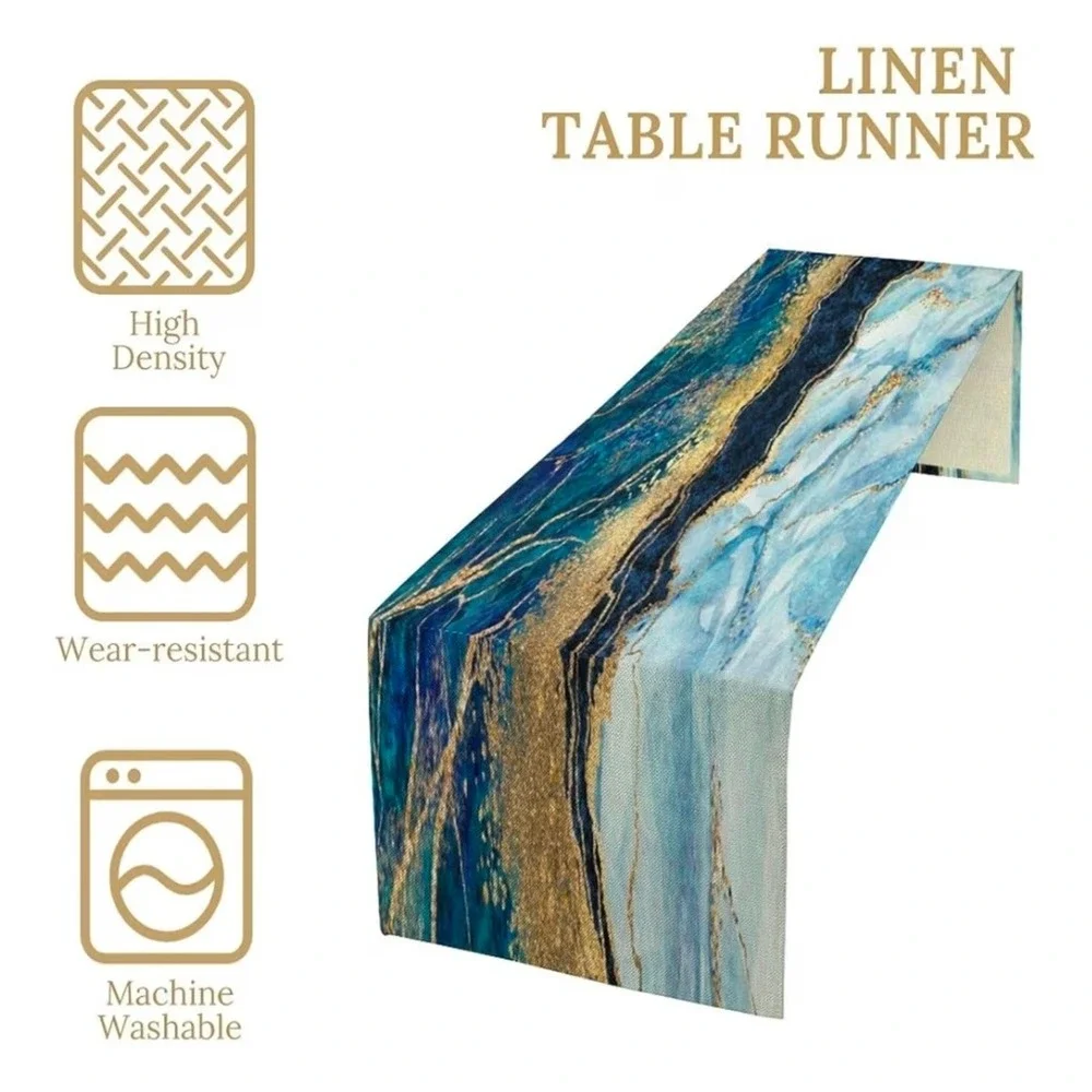 Blue Marble Abstract Texture Table Runner Cotton Linen 13x60 Modern Home Decor